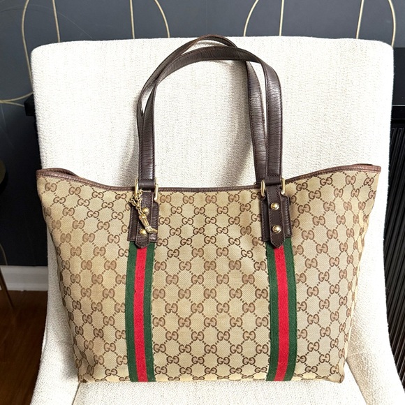 Gucci authentic Sherry Line open tote bag monogram brown canvas ribbon accents - Picture 2 of 16